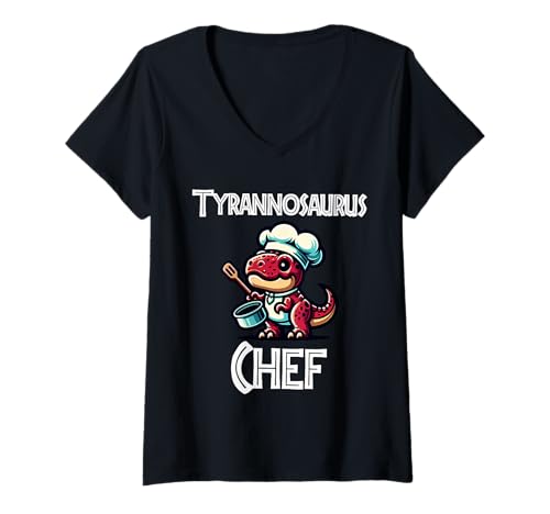 Damen Tyrannosaurus Chef Kochen Dino T-Shirt mit V-Ausschnitt von Tee-Rex Designs