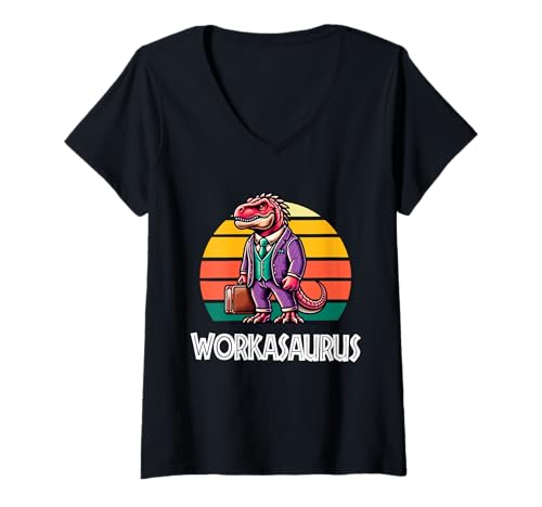 Damen Workasaurus Lustiger Dinosaurier T-Shirt mit V-Ausschnitt von Tee-Rex Designs