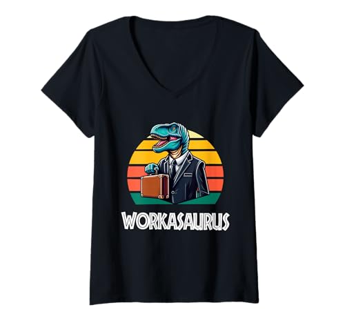 Damen Workasaurus Lustiger Dinosaurier T-Shirt mit V-Ausschnitt von Tee-Rex Designs