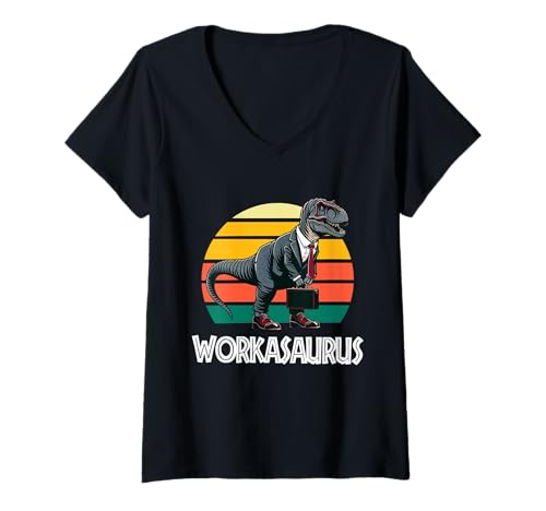 Damen Workasaurus Lustiger Dinosaurier T-Shirt mit V-Ausschnitt von Tee-Rex Designs