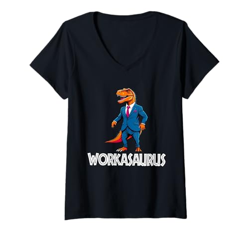 Damen Workasaurus Lustiger Dinosaurier T-Shirt mit V-Ausschnitt von Tee-Rex Designs