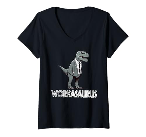 Damen Workasaurus Lustiger Dinosaurier T-Shirt mit V-Ausschnitt von Tee-Rex Designs