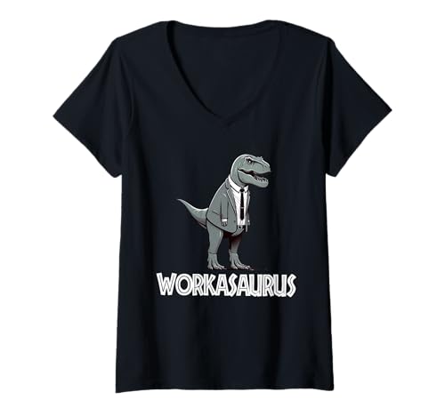 Damen Workasaurus Lustiger Dinosaurier T-Shirt mit V-Ausschnitt von Tee-Rex Designs