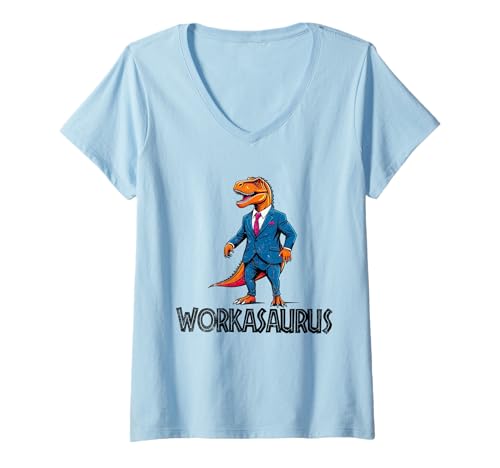 Damen Workasaurus Lustiger Dinosaurier T-Shirt mit V-Ausschnitt von Tee-Rex Designs