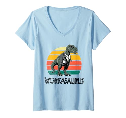 Damen Workasaurus Lustiger Dinosaurier T-Shirt mit V-Ausschnitt von Tee-Rex Designs
