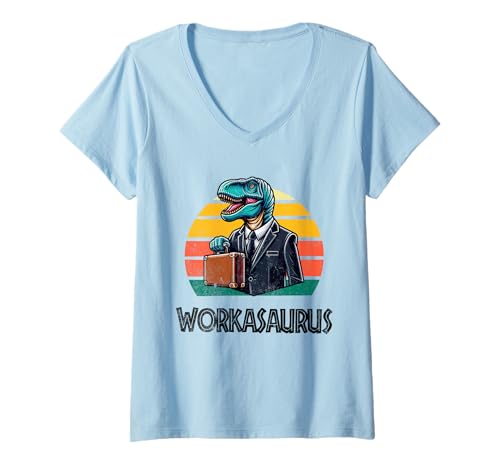 Damen Workasaurus Lustiger Dinosaurier T-Shirt mit V-Ausschnitt von Tee-Rex Designs