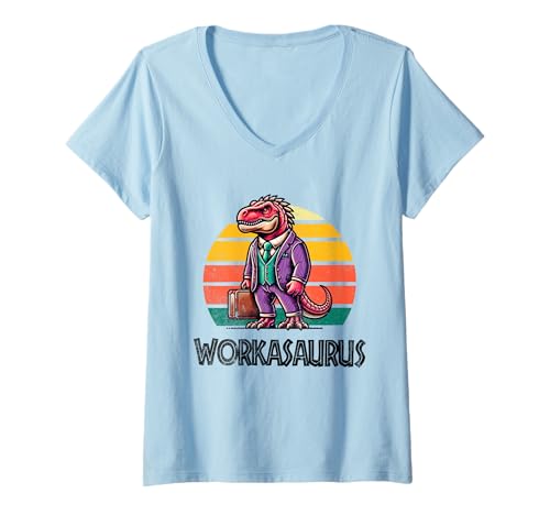 Damen Workasaurus Lustiger Dinosaurier T-Shirt mit V-Ausschnitt von Tee-Rex Designs