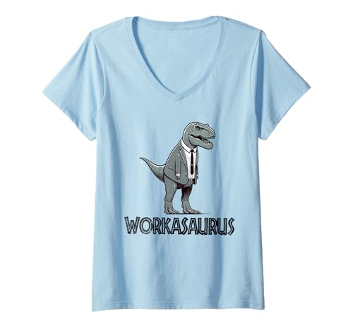 Damen Workasaurus Lustiger Dinosaurier T-Shirt mit V-Ausschnitt von Tee-Rex Designs
