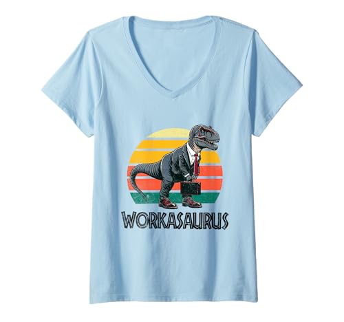 Damen Workasaurus Lustiger Dinosaurier T-Shirt mit V-Ausschnitt von Tee-Rex Designs