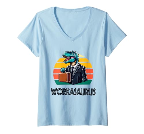 Damen Workasaurus Lustiger Dinosaurier T-Shirt mit V-Ausschnitt von Tee-Rex Designs