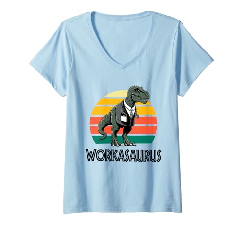 Damen Workasaurus Lustiger Dinosaurier T-Shirt mit V-Ausschnitt von Tee-Rex Designs
