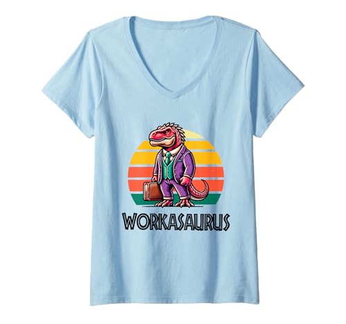 Damen Workasaurus Lustiger Dinosaurier T-Shirt mit V-Ausschnitt von Tee-Rex Designs