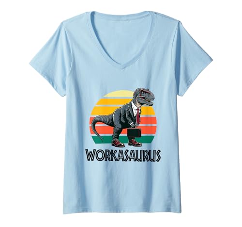 Damen Workasaurus Lustiger Dinosaurier T-Shirt mit V-Ausschnitt von Tee-Rex Designs