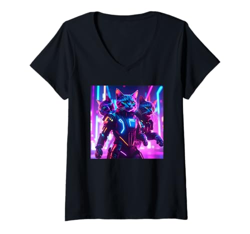 Damen Cyberpunk Art inspirierte Katzen-Illustration – cool T-Shirt mit V-Ausschnitt Damen Cyberpunk Art inspirierte Katzen-Illustration – cool T-Shirt mit V-Ausschnitt von Tee4Tu / Cookie Money Design