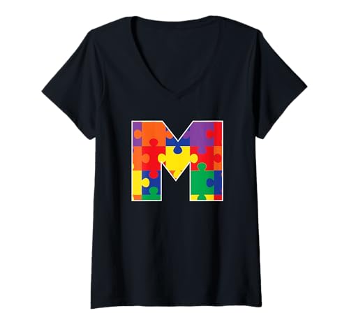 Damen Monogramm M in mehrfarbigen Puzzleteilen T-Shirt mit V-Ausschnitt von Tee4Tu / Cookie Money Design
