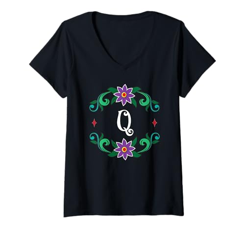 Damen Monogramm Q – inspiriert von Dia de Los Muertos T-Shirt mit V-Ausschnitt von Tee4Tu / Cookie Money Design