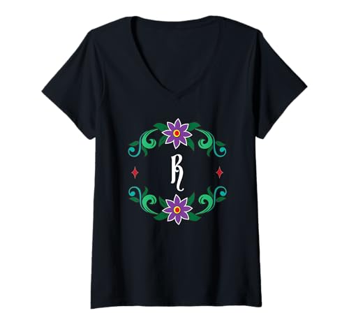 Damen Monogramm R – inspiriert von Dia de Los Muertos T-Shirt mit V-Ausschnitt Damen Monogramm R – inspiriert von Dia de Los Muertos T-Shirt mit V-Ausschnitt von Tee4Tu / Cookie Money Design