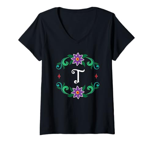 Damen Monogramm T – inspiriert von Dia de Los Muertos T-Shirt mit V-Ausschnitt von Tee4Tu / Cookie Money Design