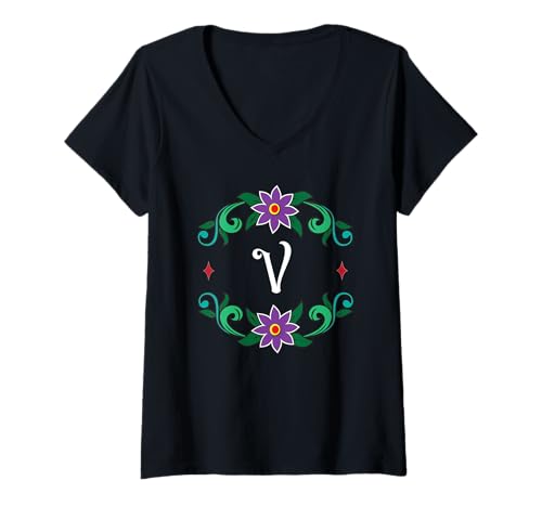 Damen Monogramm V – inspiriert von Dia de Los Muertos T-Shirt mit V-Ausschnitt Damen Monogramm V – inspiriert von Dia de Los Muertos T-Shirt mit V-Ausschnitt von Tee4Tu / Cookie Money Design