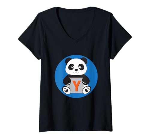Damen Monogramm Y mit illustriertem Panda – niedlich T-Shirt mit V-Ausschnitt Damen Monogramm Y mit illustriertem Panda – niedlich T-Shirt mit V-Ausschnitt von Tee4Tu / Cookie Money Design