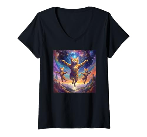Damen Von Surrealismus inspirierte Katzen-Illustration – niedliche Wildnis T-Shirt mit V-Ausschnitt von Tee4Tu / Cookie Money Design