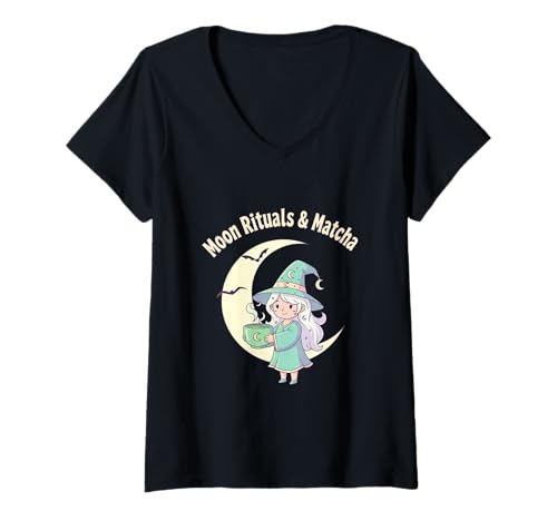Damen Halloween Hexe Matcha T-Shirt mit V-Ausschnitt Damen Halloween Hexe Matcha T-Shirt mit V-Ausschnitt von TeeTees Halloween