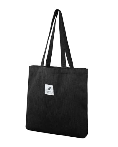 Cord Tasche Damen Umhängetasche Tote Bag Kord Damen Shopper Handtasche Schultertaschen Arbeit Büro Reisen Einkauf Schule Alltag schwarz von TeeYee