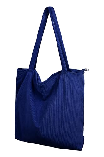 Cord Tasche Damen Umhängetasche Tote Bag Kord Damen Shopper Handtasche mit Reißverschluss Schultertaschen Henkeltasche Große Kapazität für Arbeit Büro Reisen Einkauf Schule Alltag blau von TeeYee