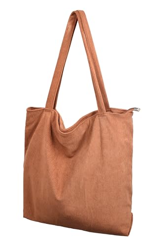 Cord Tasche Damen Umhängetasche Tote Bag Kord Damen Shopper Handtasche mit Reißverschluss Schultertaschen Henkeltasche Große Kapazität für Arbeit Büro Reisen Einkauf Schule Alltag braun von TeeYee