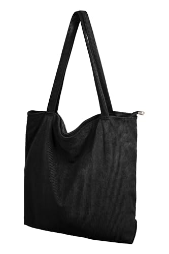 Cord Tasche Damen Umhängetasche Tote Bag Kord Damen Shopper Handtasche mit Reißverschluss Schultertaschen Henkeltasche Große Kapazität für Arbeit Büro Reisen Einkauf Schule Alltag Schwarz von TeeYee