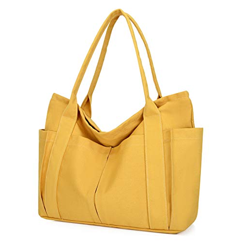 Damen Groß Handtasche Canvas Tote Bag Shopper Einfarbige Strandtasche Mehrfachtaschen für Bücher Reisen Alltag Schule Arbeit Einkauf gelb von TeeYee