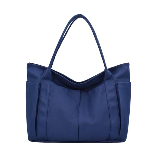 Damen Groß Handtasche Canvas Tote Bag Shopper Einfarbige Strandtasche Mehrfachtaschen für Bücher Reisen Alltag Schule Arbeit Einkauf navy von TeeYee