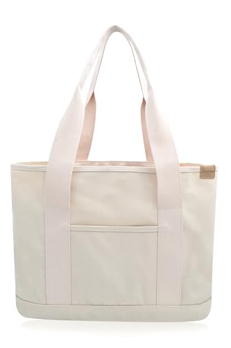 Damen Groß Handtasche mit Laptopfach Canvas Satchel Tote Bag Schultertasche Shopper Tasche für Arbeit Bücher Alltag Lehrertasche beige Large von TeeYee