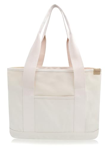 Damen Groß Handtasche mit Laptopfach Canvas Satchel Tote Bag Schultertasche Shopper Tasche für Arbeit Bücher Alltag Lehrertasche beige Large von TeeYee