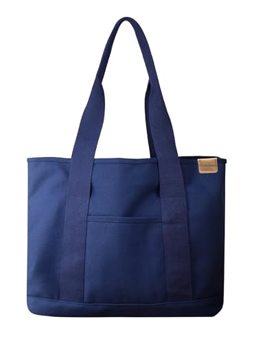 Damen Groß Handtasche mit Laptopfach Canvas Satchel Tote Bag Schultertasche Shopper Tasche für Arbeit Bücher Alltag Lehrertasche navy Large von TeeYee