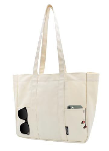 Damen Große Handtasche 20L Canvas Tote Bag Shopper mit Multitasche für Bücher Reisen Alltag Schule Arbeit Einkaufstasche beige von TeeYee