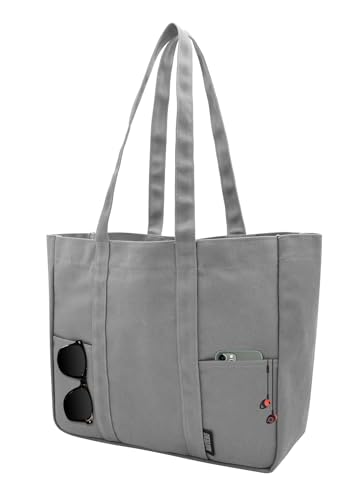 Damen Große Handtasche 20L Canvas Tote Bag Shopper mit Multitasche für Bücher Reisen Alltag Schule Arbeit Einkaufstasche grau von TeeYee
