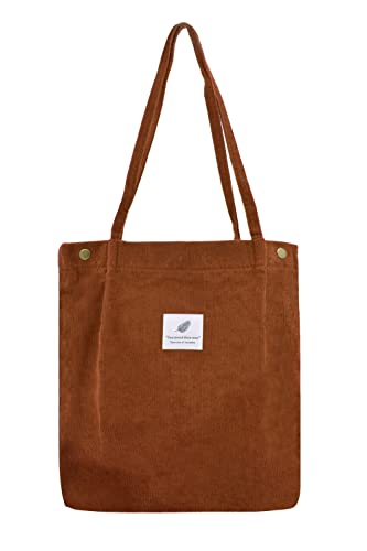 Damen Große Handtasche Kord Shopper Cord Tote Bag für Bücher Reisen Alltag Schule Arbeit Einkaufstasche für Mädchen 40x41cm braun von TeeYee