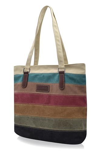 Damen Handtasche Canvas Henkeltasche Regenbogen Design Tote Bag Große Kapazität Schultertasche Gestreift Shopper 1483 von TeeYee