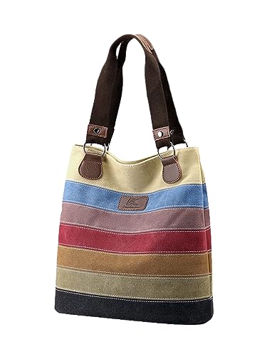 Damen Handtasche Canvas Henkeltasche Regenbogen Design Tote Bag Große Kapazität Schultertasche Gestreift Shopper 1661 von TeeYee