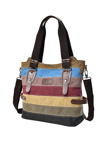 Damen Handtasche Canvas Henkeltasche Regenbogen Design Tote Bag Große Kapazität Schultertasche Gestreift Shopper mit Schultergurt 1439 von TeeYee