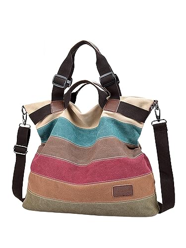 Damen Handtasche Canvas Henkeltasche Regenbogen Design Tote Bag Große Kapazität Schultertasche Gestreift Shopper mit Schultergurt 1481 von TeeYee