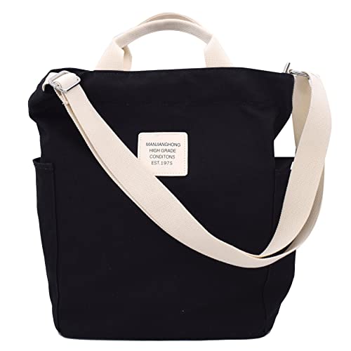 Damen Handtasche Canvas Tote Bag Umhängetasche mit Schultertasche Shopper für Bücher Alltag Arbeit 075 schwarz von TeeYee