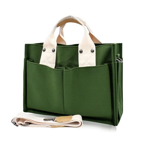 Damen Mittelgroß Handtasche Canvas Umhängetasche Schultertasche Shopper Multifächer für Bücher Reisen Alltag Schule Arbeit mit Schultergurt gruen von TeeYee