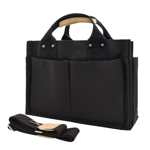 Damen Mittelgroß Handtasche Canvas Umhängetasche Schultertasche Shopper Multifächer für Bücher Reisen Alltag Schule Arbeit mit Schultergurt schwarz von TeeYee
