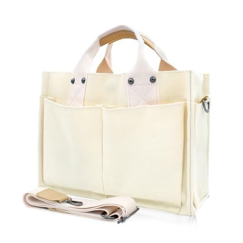 Damen Handtasche Canvas Umhängetasche Schultertasche Shopper Multifächer für Bücher Reisen Alltag Schule Arbeit mit Schultergurt weiss von TeeYee