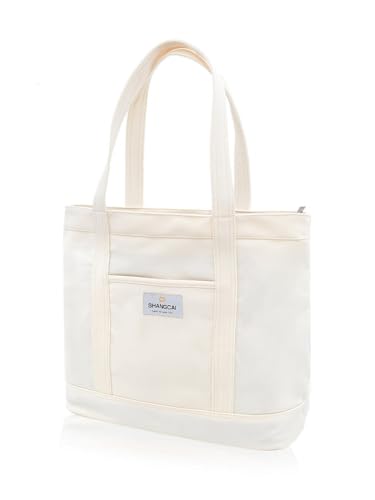 Damen Handtasche Damen Shopper Canvas Satchel Tote Bag Schultertasche Shopper mit vordertasche und Reißverschluss für Bücher Alltag Arbeit beige von TeeYee