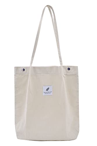 Damen Große Handtasche Kord Shopper Cord Tote Bag für Bücher Reisen Alltag Schule Arbeit Einkaufstasche für Mädchen 40x41cm beige von TeeYee