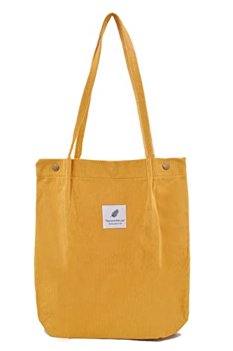 Damen Große Handtasche Kord Shopper Cord Tote Bag für Bücher Reisen Alltag Schule Arbeit Einkaufstasche für Mädchen 40x41cm gelb von TeeYee