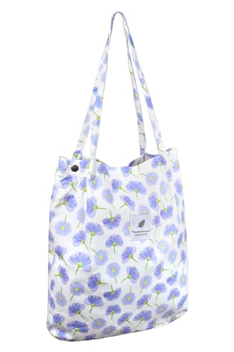 Damen Handtasche Kord Shopper Cord Tote Bag für Bücher Reisen Alltag Schule Arbeit Einkaufstasche für Mädchen weißblume von TeeYee